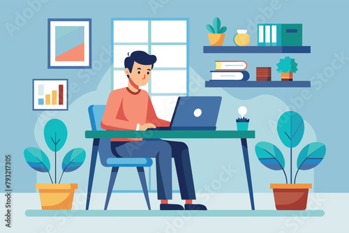 A man seated at a desk  focused on working on a laptop computer in a simple office setting  man is working in office  Simple and minimalist flat Vector Illustration