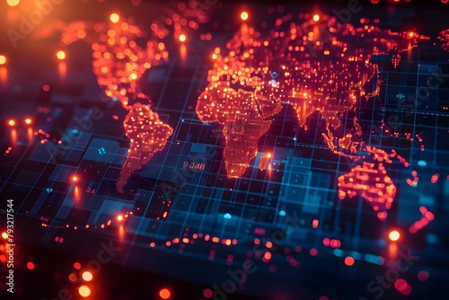 neon map digital technology, abstract dot point connect with gradient line and aesthetic Intricate wave line design , big data connection technology concept generative
