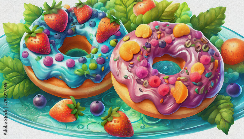 oil painting style CARTOON CHARACTER CUTE illustration  colorful sweet donut