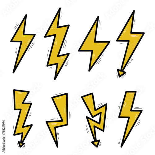 Set Of Hand Drawn Lightning Vector Design.