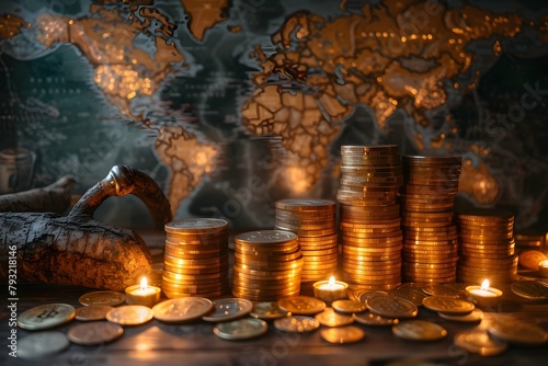 Stack of coins on a table for financial growth concept, copy space for financial background