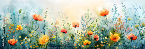 Watercolor illustration of flowers in a meadow, perfect for spring and summer-themed designs. #793218313