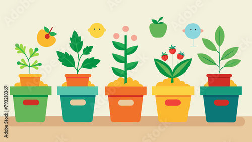 A row of brightly colored pots displaying an array of herbs and vegetables each labeled with a childs name showcasing the fruits of their labor