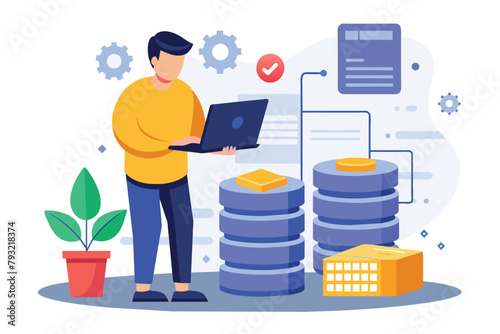 A man stands beside a laptop, managing and backing up data represented by stacks of information, man managing and backing up database with laptop, Simple and minimalist flat Vector Illustration