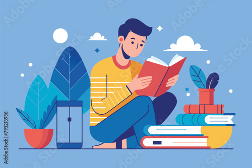 A man sits on the floor, engrossed in reading a book for an exam, man reading a book for an exam, Simple and minimalist flat Vector Illustration