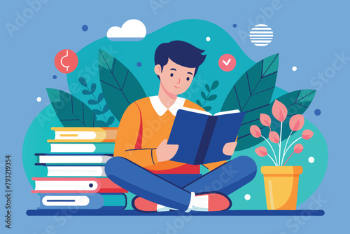 A man sits on a stack of books, immersed in reading a book, man reading book online, Simple and minimalist flat Vector Illustration