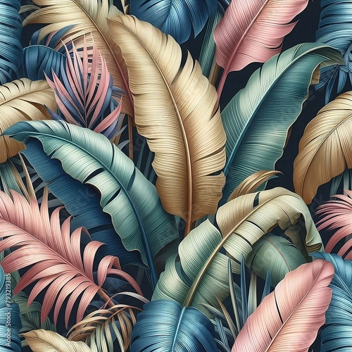 An intricate and colorful pattern of tropical leaves with various types of leaves including palm and banana leaves, rendered in rich jewel-tone colors like purples, greens, blues, and golds, detailed 