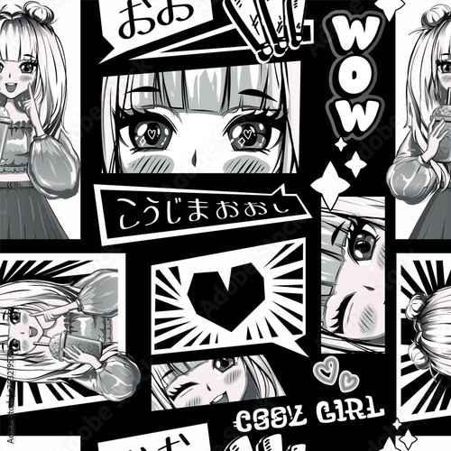 Black and white vector seamless pattern with anime girl face emotion, big eyes, heart, text. Ornament manga set. Cute face girl anime style.