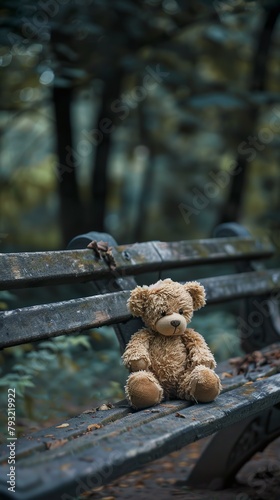 An abandoned toy, a teddy bear, rests alone in a corner on a park bench. Teddy bear with faded colors and shaggy fur.
