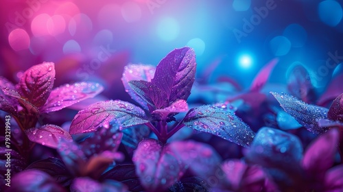  leaves dotted with water droplets, background blurred with blue light photo