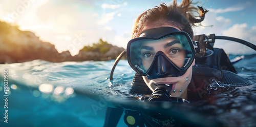 Portrait beautiful woman in Scuba diving gear posing for the camera. photo