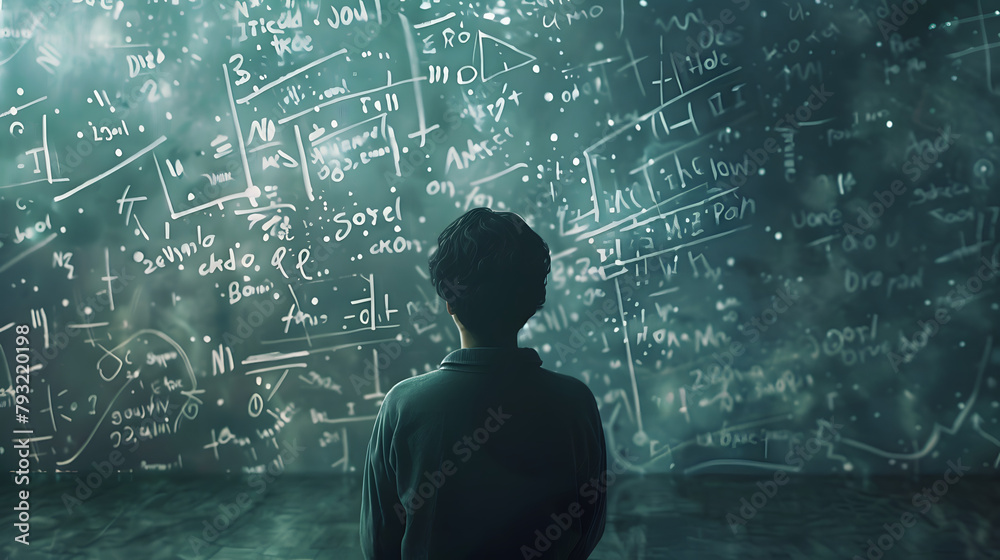 A person stands in front of a chalkboard filled with intricate math formulas, deep in thought. A person stands in front of a chalkboard filled with intricate math formulas, deep in thought.