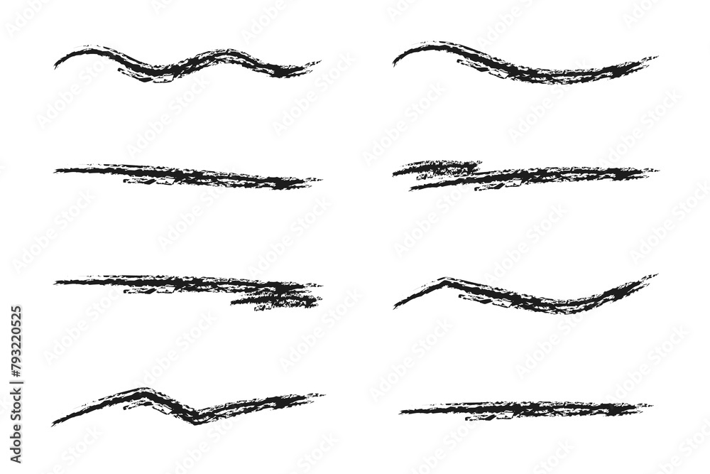 Hand drawn pencil lines. Vector charcoal smears. Underline pen set. Doodle style sketch lines. Horizontal wavy strokes with rough edges. Hand drawn pencil lines. Vector charcoal smears. Underline pen set. Doodle style sketch lines. Horizontal wavy strokes with rough edges.