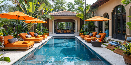 Luxurious poolside setting with chic tropical-inspired decor under a sunny sky © João Macedo