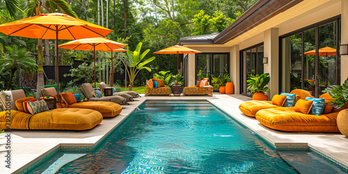 Elegant outdoor living space with a vibrant poolside setting and chic tropical décor