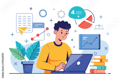 A man is seated at a desk, studying mathematics using a laptop in front of him, man studying mathematics via the internet, Simple and minimalist flat Vector Illustration