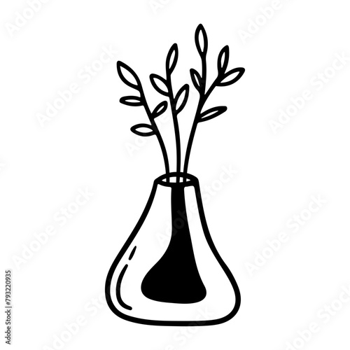 Flower in vase doodle illustration with floral bouquet. Hand drawn cute line art plants in interior. Thin linear drawing for coloring