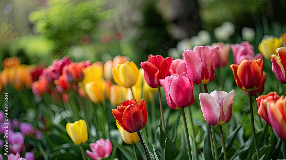 Vibrant tulips pop against the lush green backdrop of the garden