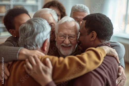 Group of multiethnic seniors hugging and smiling while spending time together at home