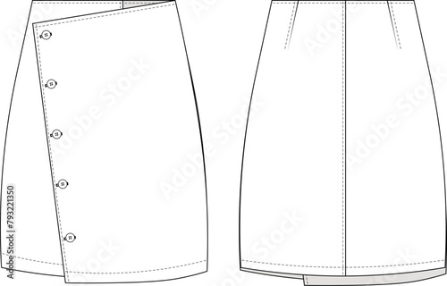 darted buttoned short denim jean skirt template technical drawing flat sketch cad mockup fashion woman design style model
