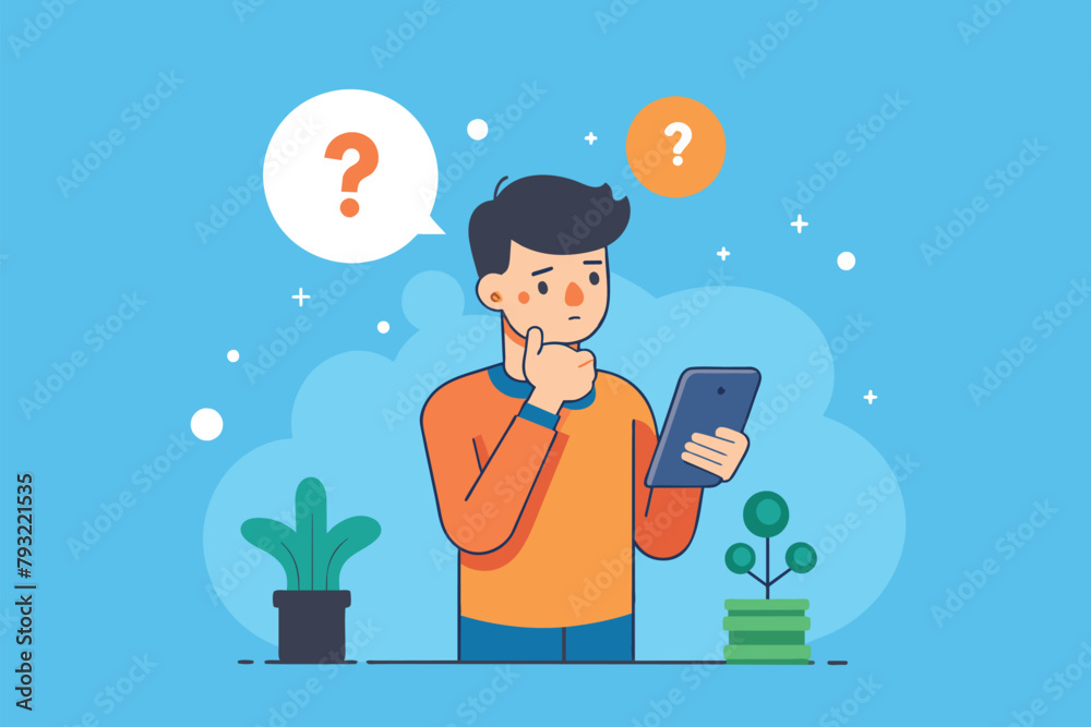 A man looks at his phone attentively, pondering why there is no network signal, man thinks why handphone is no network, Simple and minimalist flat Vector Illustration