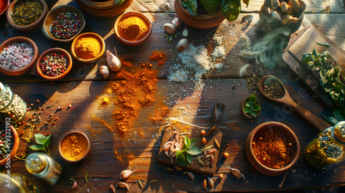 A table with many spices and herbs, including basil, parsley, and garlic
