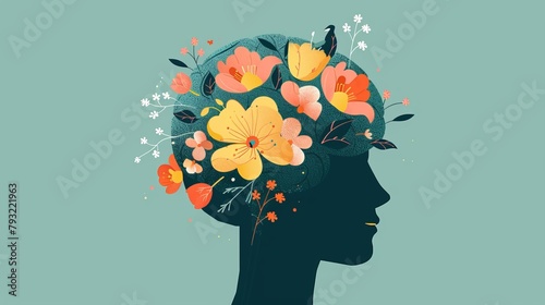 Vector concept depicting mental health and psychology, featuring a human head with flowers inside, symbolizing positive thinking, self-care, and emotional wellbeing. © Tahir