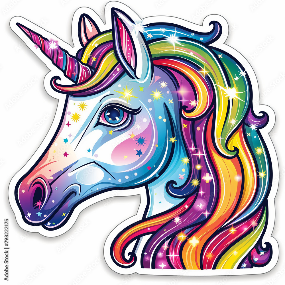 sticker of a unicorn with rainbow mane, sparkling, magical aura, vibrant colors