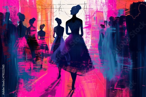 illustration of a female models walking in a fashion show catwalk wearing elegant dress