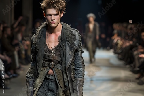 male model walking in a fashion show catwalk wearing high fashion clothes 