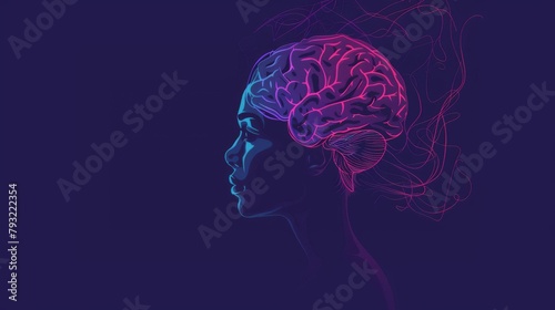 Vector illustration depicting a woman s head with a brain  symbolizing the concept of the mind.