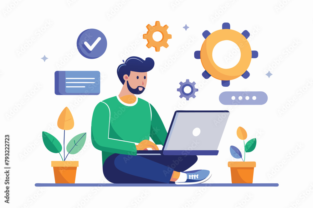 A man sitting on the floor, focused on his laptop screen, possibly installing software updates, man with laptop installing software update, Simple and minimalist flat Vector Illustration