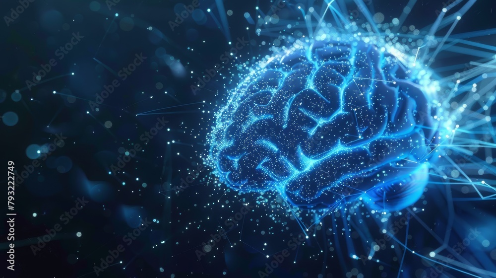 Visualization of a human brain materializing from particles, enveloped by evolving plexus structures against a blue abstract futuristic backdrop, rendered in 3D with depth of field effects.