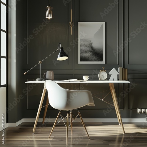 Elegant home office with modern white desk, stylish decor, and dark panel walls photo
