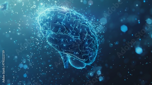 Visualization of a human brain materializing from particles, enveloped by evolving plexus structures against a blue abstract futuristic backdrop, rendered in 3D with depth of field effects.
