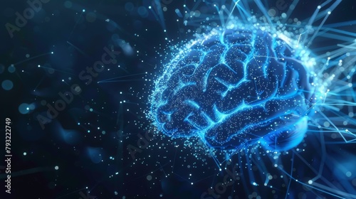 Visualization of a human brain materializing from particles, enveloped by evolving plexus structures against a blue abstract futuristic backdrop, rendered in 3D with depth of field effects.