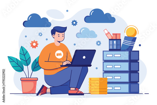 A man is sitting on the floor, focused on using a laptop to manage cloud data and databases, man with laptop managing cloud data database folder, Simple and minimalist flat Vector Illustration
