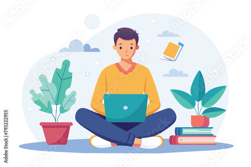 A man sitting on the floor, concentrating on using his laptop for online education, woman sitting with laptop,online education concept distance learningconcept flat illustration