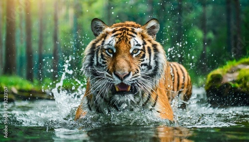 Amur Tiger Playing in The Water  Siberia. Dangerous Animal  Russia. Animal in Green Forest