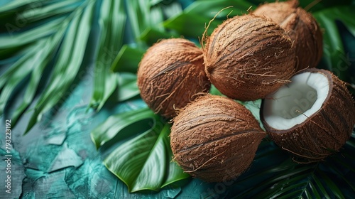   A group of coconuts atop a green, leafy tablecloth Nearby, a halved coconut lies in pieces