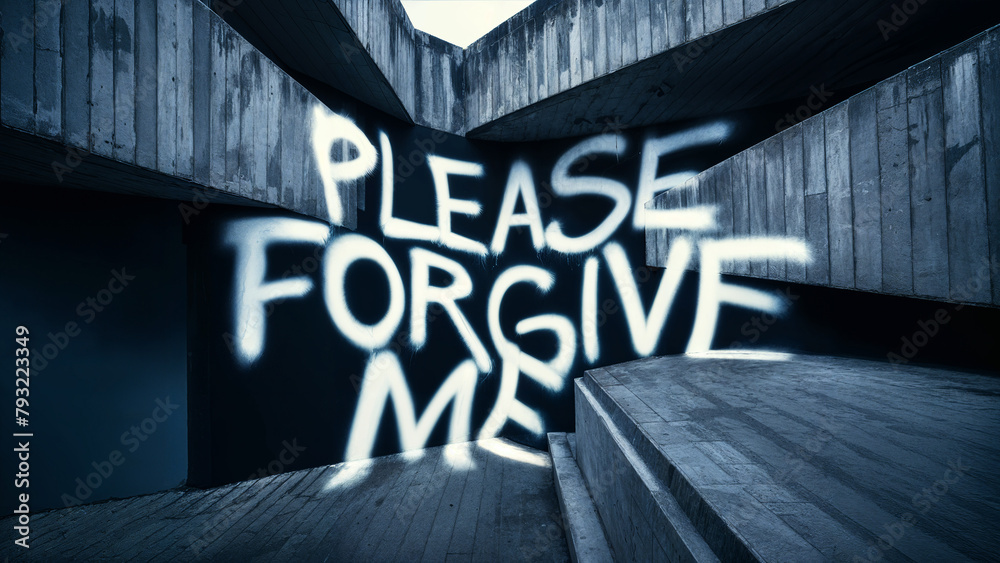 Rough grunge textured urban wall with spray painted graffiti word 'please forgive me' on its surface, thought provoking emotive concept with copy space for extra text and phrases. - obrazy, fototapety, plakaty 