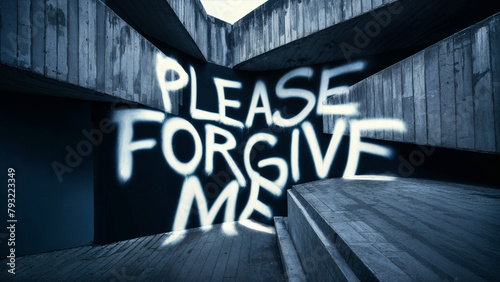 Rough grunge textured urban wall with spray painted graffiti word 'please forgive me' on its surface, thought provoking emotive concept with copy space for extra text and phrases. photo