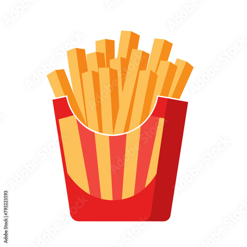 French Fries potato fast food in Red Carton Package Box Isolated on White background flat design