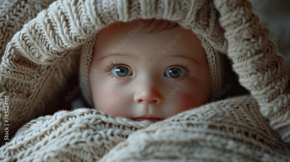 Enchanted Peek: A Lovely Baby Glancing Out from Underneath a Knitted Blanket, Each Detail from the Innocent, Enchanted Peek: A Lovely Baby Glancing Out from Underneath a Knitted Blanket, Each Detail from the Innocent,
