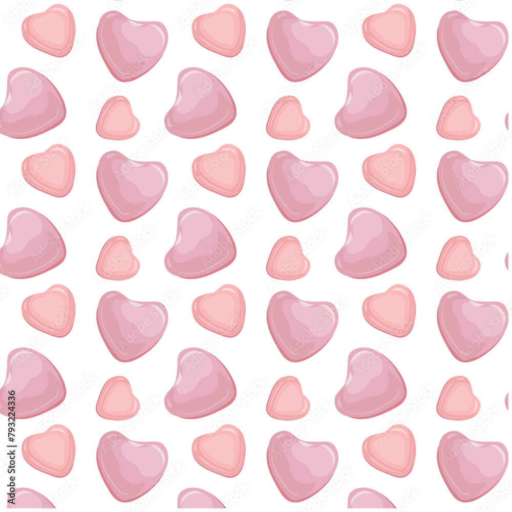 Glossy pink hearts on a white background. Romantic pattern. Sweets in the shape of a caramel heart. Vector background for decoration, banners, birthday, cards.