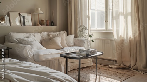 Minimalist living room with cozy white sofa  natural light  and elegant decor