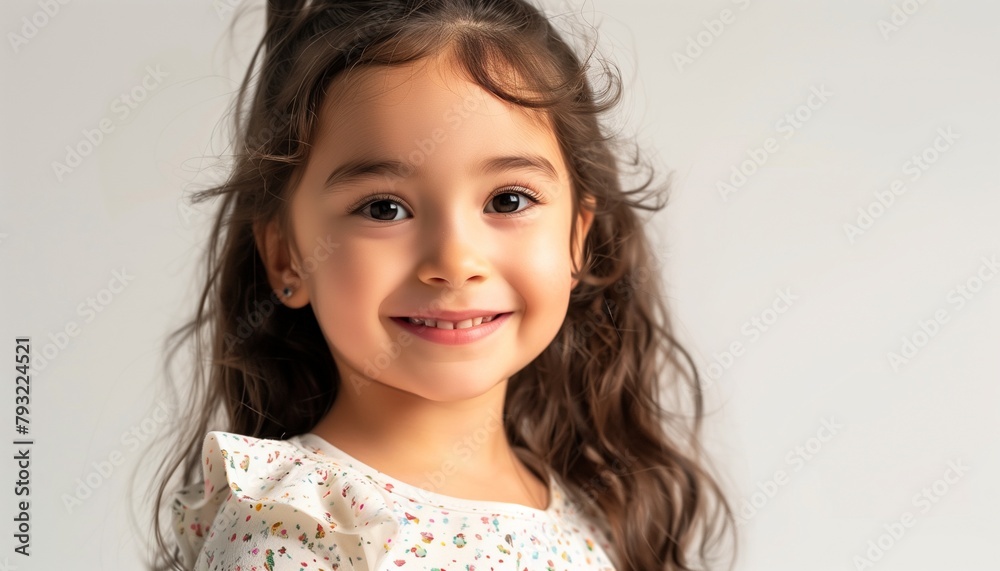 Generate an artistic rendition that encapsulates the spirit of a smiling Hispanic young child posing in a studio. Generate an artistic rendition that encapsulates the spirit of a smiling Hispanic young child posing in a studio.