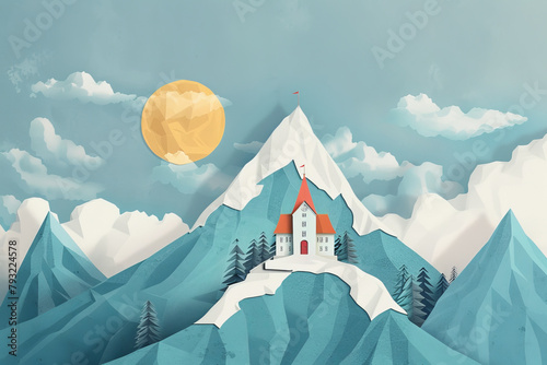 A mountain range with a house on top and a sun in the sky