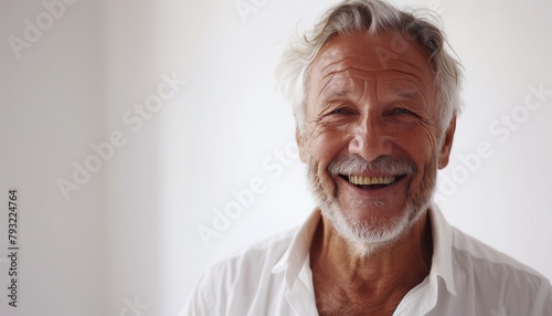 Generate an artistic rendition that encapsulates the spirit of a smiling senior man in a studio setting.