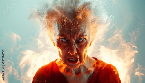 Generate an artistic rendition that encapsulates the spirit of an angry senior woman in a studio setting. photo